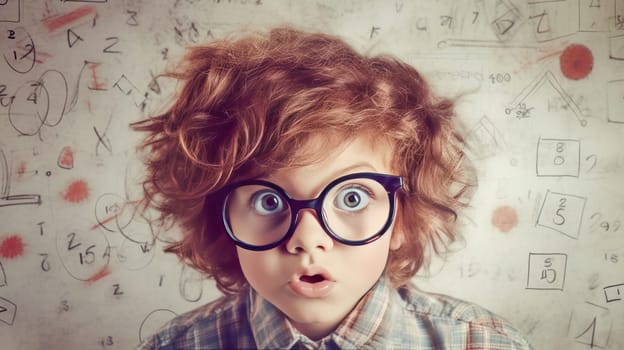 Curious smart boy in glasses against classroom whiteboard with math formulas background. Back to school. Generative Ai