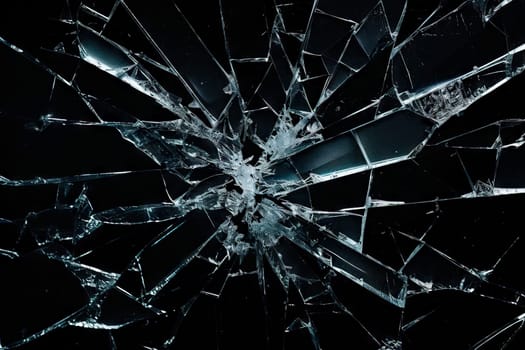 Cracked glass texture on black background. Smashed glass object with shards. Broken glass fragments on black wallpaper. Abstract shattered glass concept