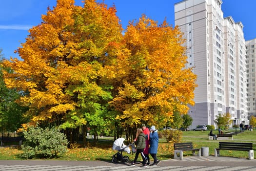 Moscow, Russia - October 2. 2021. autumn in a boulevard in Zelenograd