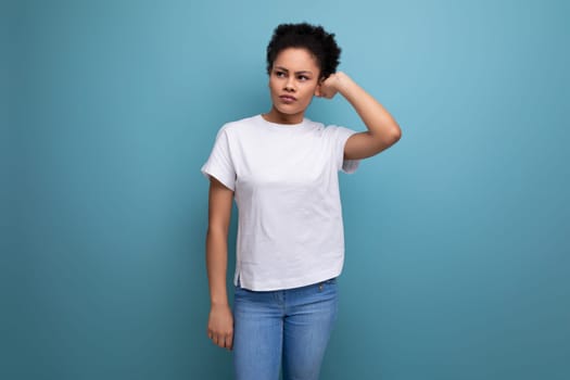 young charming latin woman dressed in white tank top with blank space for logo printing.