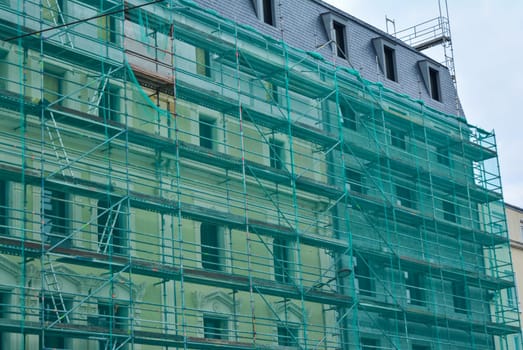 Construction scaffolding of a building under renovation.