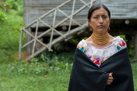 woman from the amazon of ecuador next to her wooden house in the jungle with traditional dress of ancestral ceremony. High quality photo