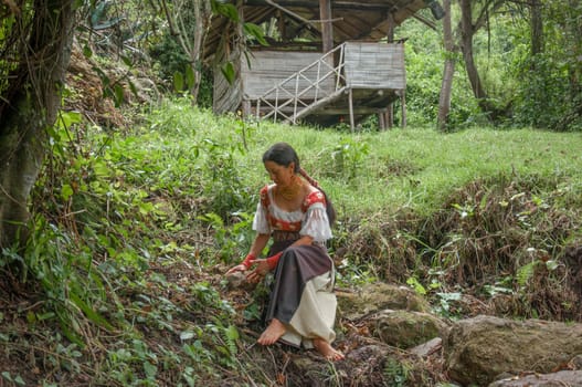 community of ancestral shamans outdoors, woman collects medicinal plants to prepare a spiritual healing ceremony. High quality photo
