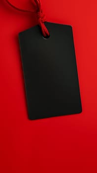 Black empty price tag on red background. Black Friday concept, template copyspace.