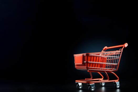 Black background with an isolated shopping cart. Copyspace for Boxing Day, Black Friday, and other special event promotion content.3D rendering illustration.