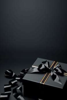 Black gift box on black background with empty space for text. Black Friday, Boxing Day, Christmas or celebatation spacial promotion background.