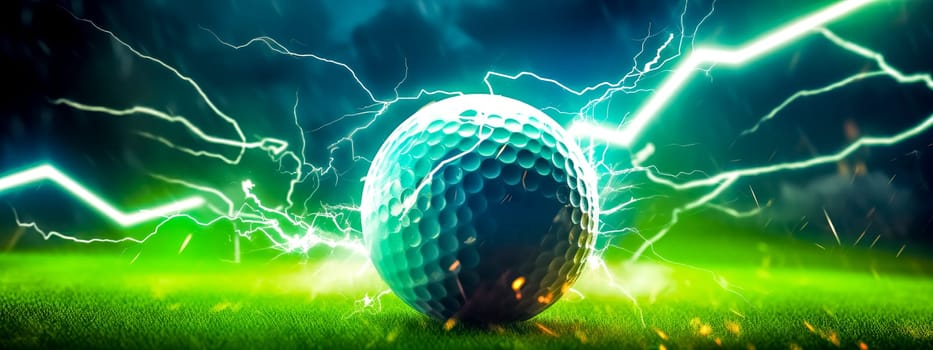 golf ball on green lawn, motion energy and lightning, banner made with Generative AI. High quality illustration