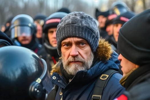 An adult man stands in the crowd at a demonstration for his rights. Clashes with the police. Generative AI. High quality illustration