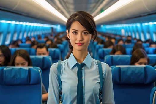 Portrait of a Chinese flight attendant in the cabin. Generative AI. High quality illustration