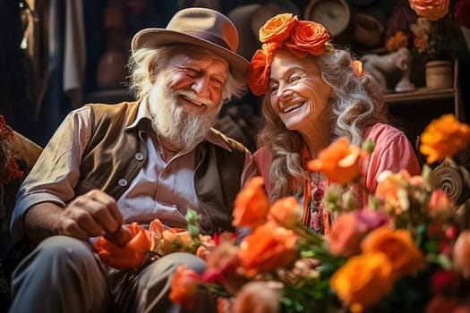 A happy retired couple grows flowers in their backyard. Generative AI. High quality illustration