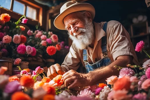 A retired gardener grows flowers in his backyard. Generative AI. High quality illustration