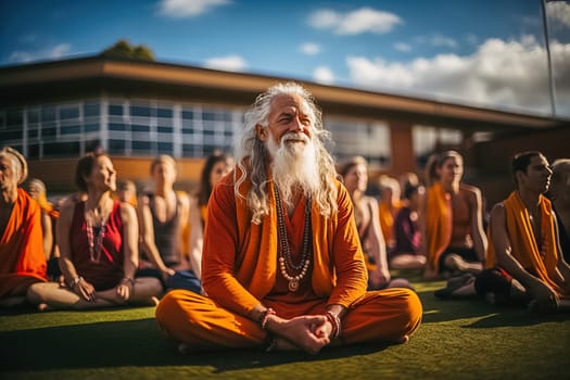 A group of pensioners practice yoga in nature. Generative AI. High quality illustration