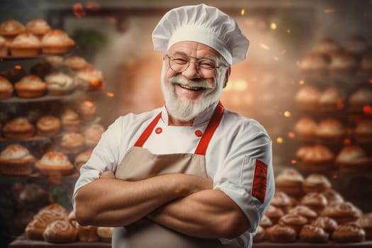 Portrait of a baker in a bakery on the background of bakery products. Generative AI. High quality illustration
