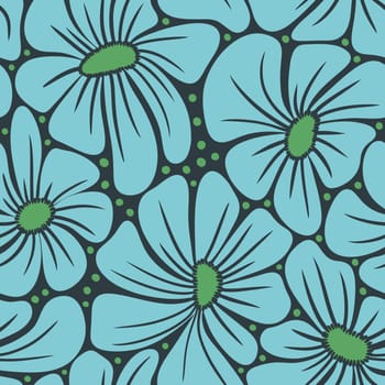 Hand drawn seamless pattern with blue turquoise daisy flowers on beige background. Retro vintage mid century modern floral print with red blobs, hippie bloom blossom nature design, colorful polka dot background
