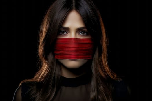 Powerful image of a gagged woman, representing the grim reality of censorship and silenced voices
