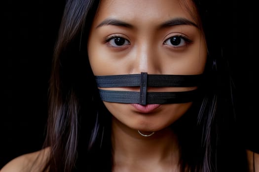 Powerful image of a gagged woman, representing the grim reality of censorship and silenced voices