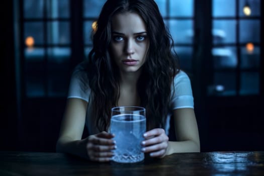 A poignant image of a sad young woman holding a cocktail, depicting solitude and melancholy.