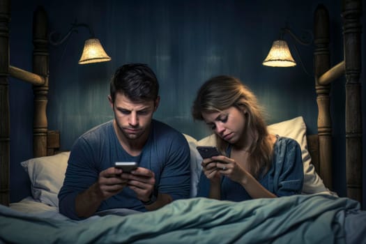 Photo of a couple in bed, each engrossed in their smartphones, representing excessive screen time impact.