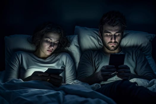 Photo of a couple in bed, each engrossed in their smartphones, representing excessive screen time impact.