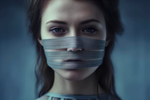 Powerful image of a gagged woman, representing the grim reality of censorship and silenced voices
