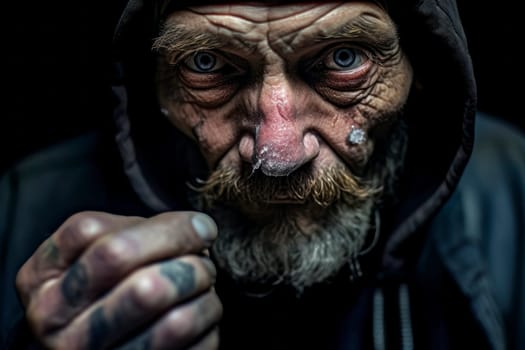 Image of an elderly man, eyes wide and pupils dilated, with his nose stained from cocaine use