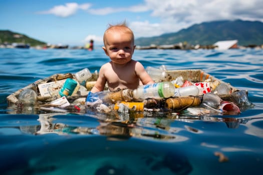 A Caucasian child bathes in the sea amongst trash, symbolizing environmental pollution