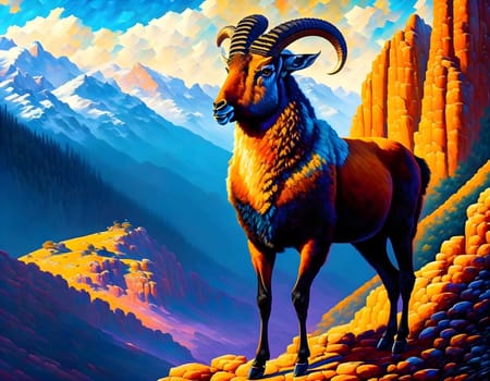 Alpine ibex with beautiful horns standing in the moutain by sunset - Generative AI