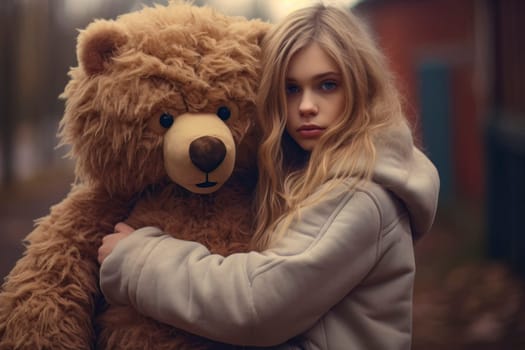 Heartwarming photo capturing a girl seeking comfort as she embraces a teddy bear, finding solace and reassurance