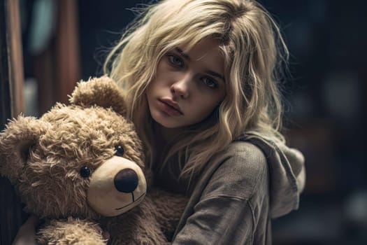 Heartwarming photo capturing a girl seeking comfort as she embraces a teddy bear, finding solace and reassurance