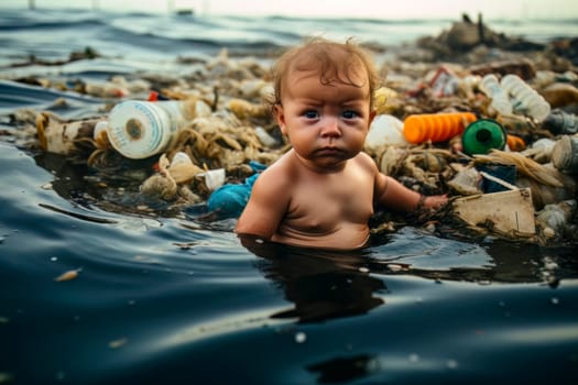 A Caucasian child bathes in the sea amongst trash, symbolizing environmental pollution