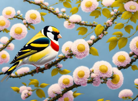 Goldfinch bird in a tree full of flowers - Generative AI