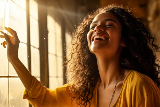 A captivating photo of a cheerful girl at home, standing near the window, basking in the warm sunset light