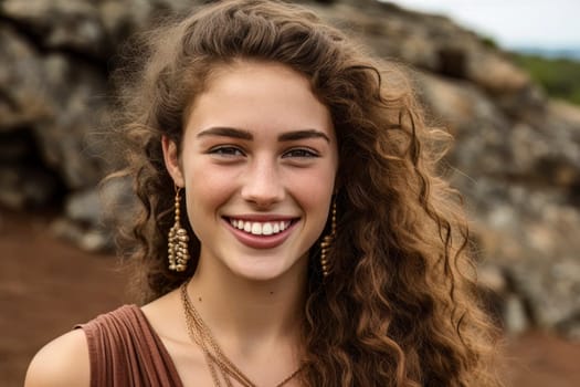 A stunning close-up photo capturing the radiant smile of a young girl wearing earrings in an outdoor setting