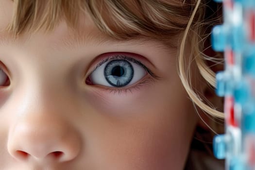 A close-up shot of a mesmerizing blue-eyed girl, radiating innocence and curiosity.