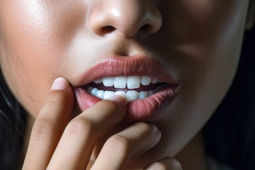 A close-up detail of a frightened girl, as her hand reaches up to touch her lips in a moment of fear