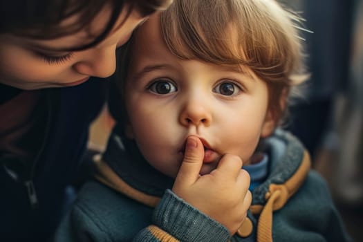 A powerful image capturing a mother silencing her child, symbolizing the concept of gentle censorship