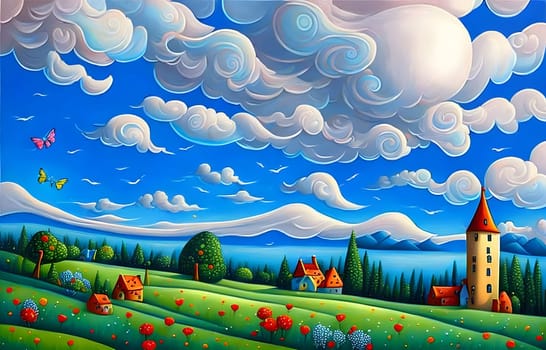 Fantasy landscape with beautiful clouds in blue sky and a house surrounded with green grass - Generative AI