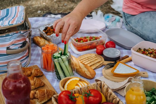 Picnic in the forest camping site with vegetables, juice, cheese, and croissants. Fresh organic veggies surrounded with bread baguettes, salads.