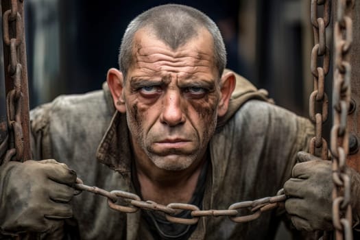 Emotive close-up portrait of a melancholic man trapped in chains.