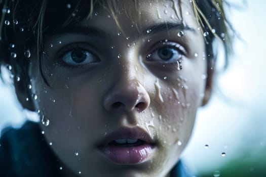 Emotive photo capturing a melancholic girl soaked in rain, reflecting her sorrow.