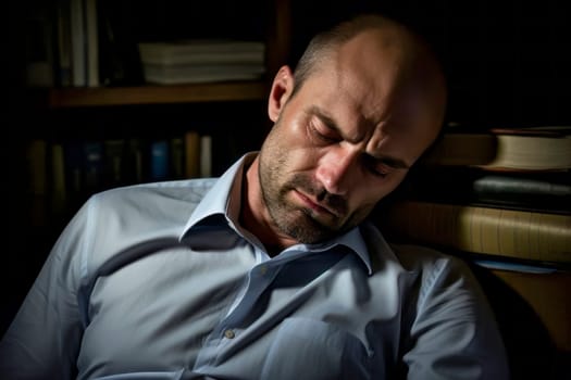 A tranquil image capturing a close-up of a man peacefully asleep amidst the books in a library.