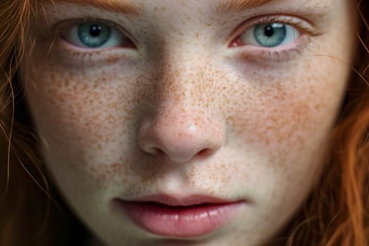 Captivating close-up portrait of a redhead girl with freckles, showcasing her unique beauty.