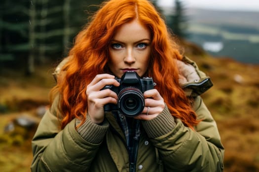 A talented redhead girl captures precious moments with her camera, showcasing her passion for photography