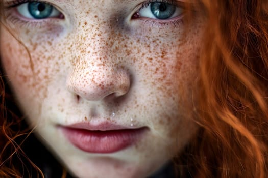 Captivating close-up portrait of a redhead girl with freckles, showcasing her unique beauty.