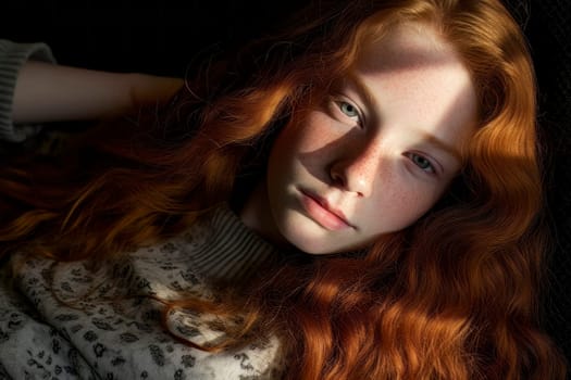 Capture the charm and allure of a gentle redhead girl with freckles in a captivating close-up portrait