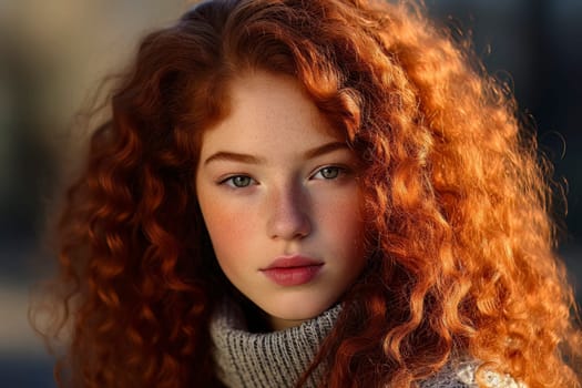 Capture the charm and allure of a gentle redhead girl with freckles in a captivating close-up portrait