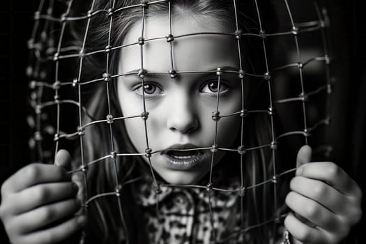 Witness the poignant depiction of a young girl trapped behind bars, representing the captivity faced by the new generations