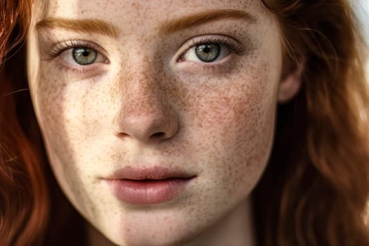 Captivating close-up portrait of a redhead girl with freckles, showcasing her unique beauty.