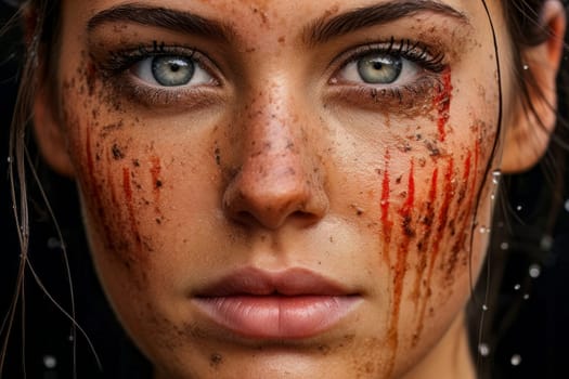 Capture the strength and resilience of a fighter, as depicted by a sad girl with a scratched face after a fierce battle.