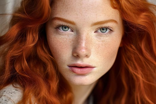 Captivating close-up portrait of a redhead girl with freckles, showcasing her unique beauty.